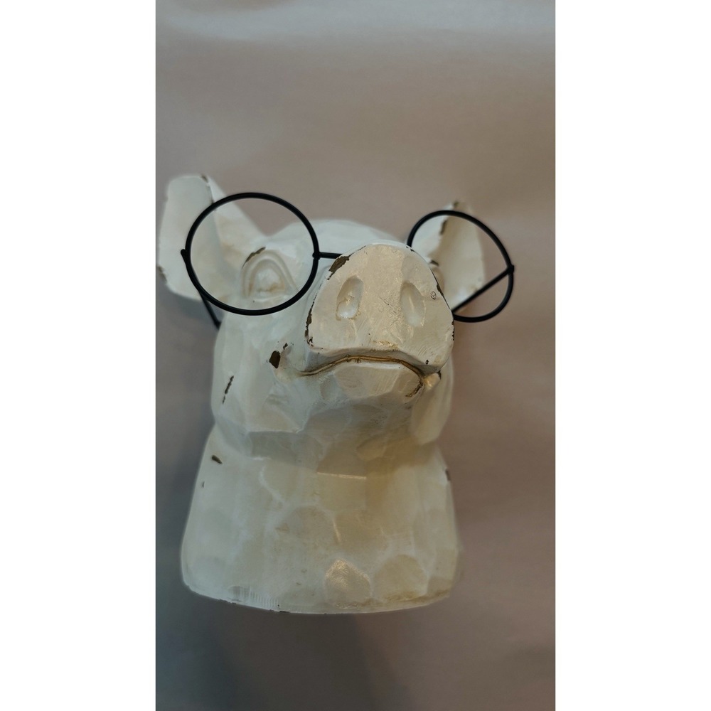 White Pig Head Figurine with Round Glasses whimsical Country Humerus